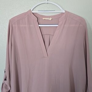 Lush | Taupe Sheer Roll Tab Sleeves Blouse Size Large